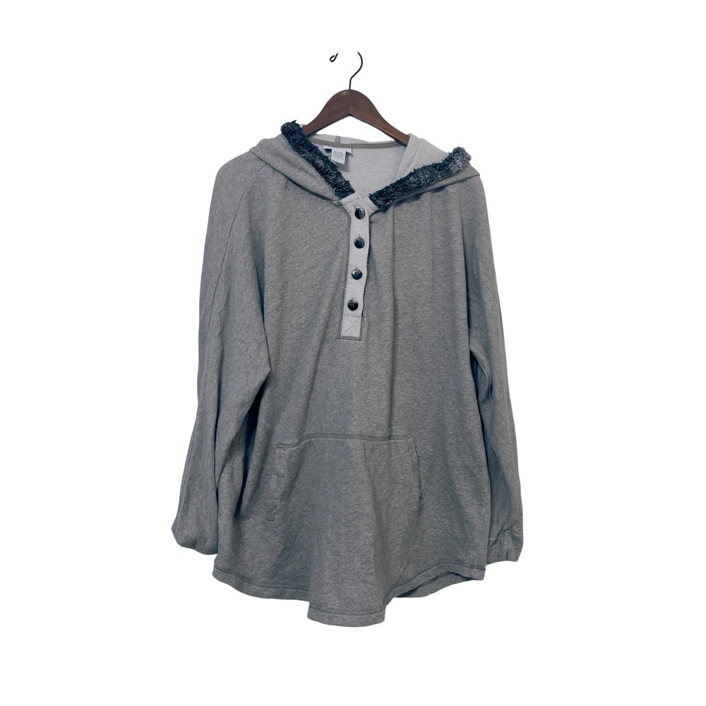 Soft Surroundings Womens Grey Faux Fur Trim Button Hoodie 2X Plus Size Pullover - Picture 1 of 7